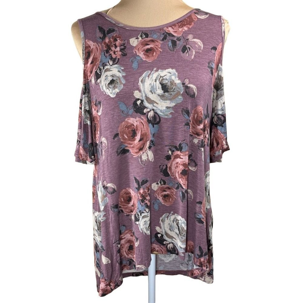 Oddy Women's Cold Shoulder Top Shirt Mauve Blue Floral Size L Large